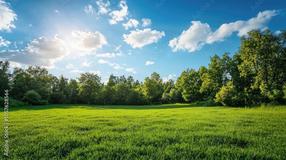 Green Meadow Among Trees Under Sky With White Clouds Green Meadow Among Trees Under Sky With White Clouds