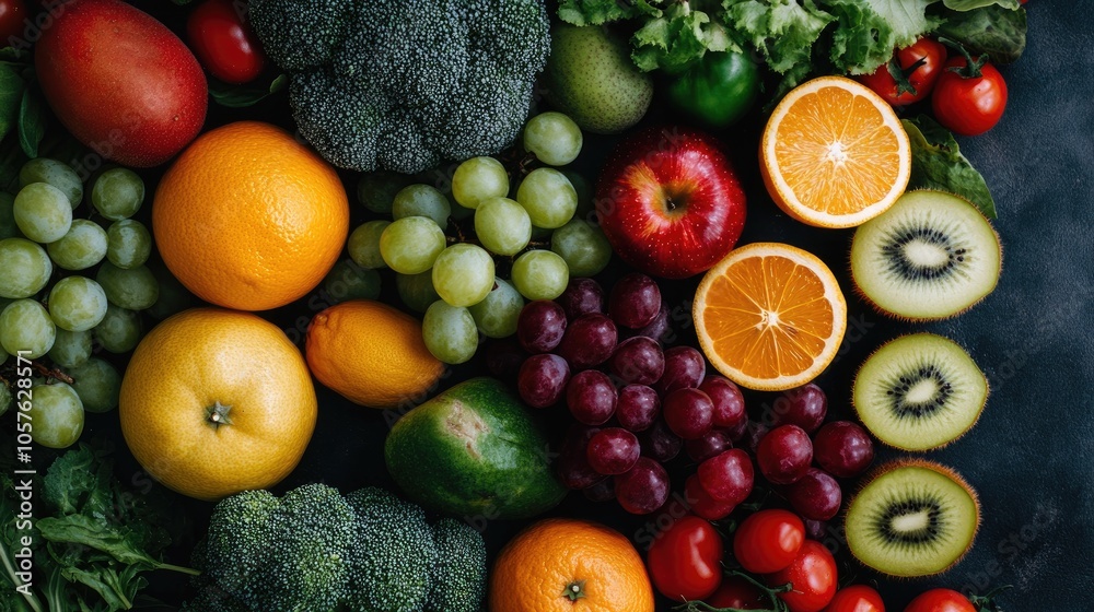 Colorful top view display of fresh fruits and vegetables showcasing a vibrant mix of ripe apples oranges grapes lemons tropical produce green broccoli and red tomatoes for healthy eating Colorful top view display of fresh fruits and vegetables showcasing a vibrant mix of ripe apples oranges grapes lemons tropical produce green broccoli and red tomatoes for healthy eating