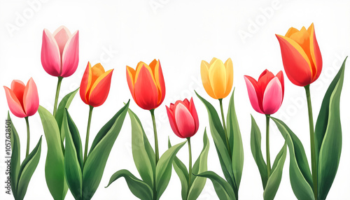 Colorful tulips in various shades on a bright white background copy space