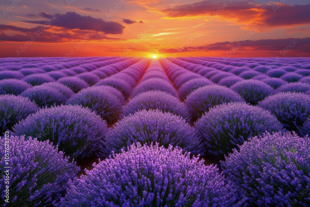 Lavender field under a colorful sunset in rural countryside Lavender field under a colorful sunset in rural countryside