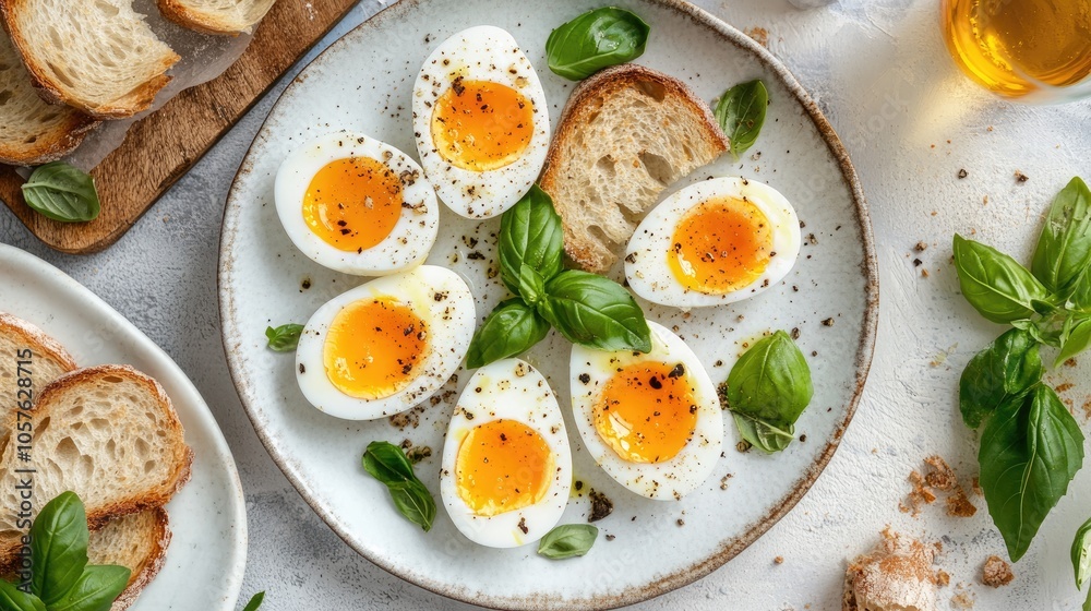 Dish featuring soft boiled eggs toasted bread and fresh basil leaves arranged on a table Dish featuring soft boiled eggs toasted bread and fresh basil leaves arranged on a table