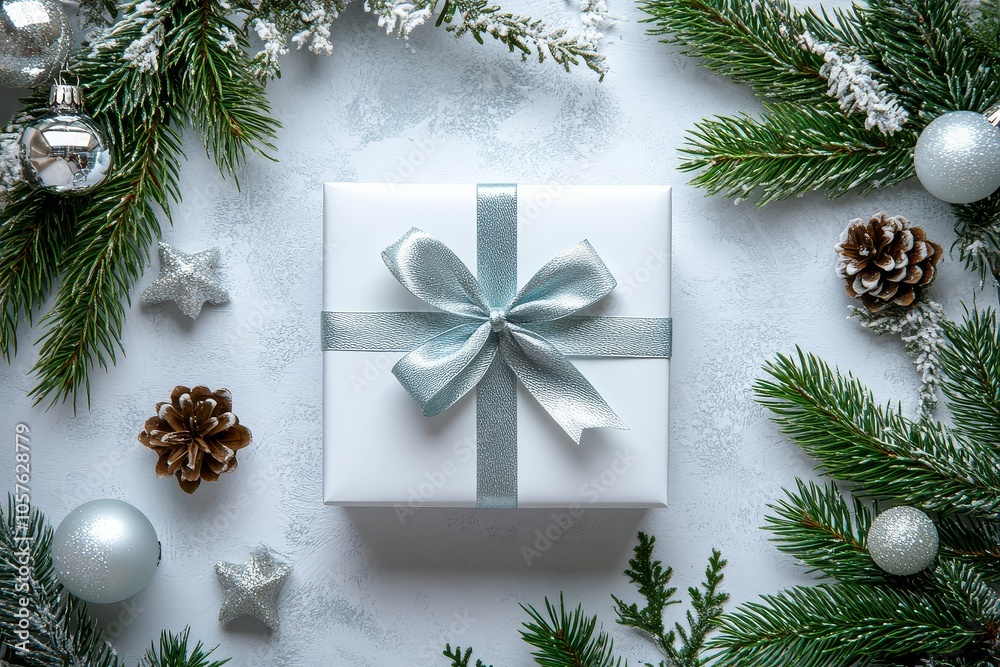 Elegant white Christmas background featuring a gift box with silver ribbon and pine branches, perfect for New Year messages. Elegant white Christmas background featuring a gift box with silver ribbon and pine branches, perfect for New Year messages.