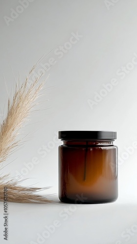Elegant amber jar surrounded by light pampas grass on a neutral background