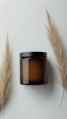 Elegant amber jar surrounded by light pampas grass on a neutral background