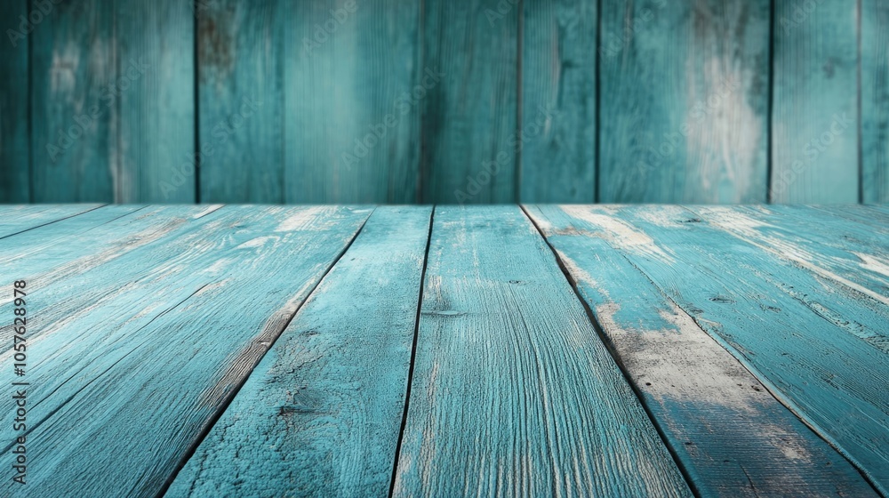 Fototapeta premium Rustic cyan tabletop perspective showcasing a pastel wooden background texture Aged dark blue turquoise wood evokes a vintage feel ideal for an Easter themed backdrop with mint green accents