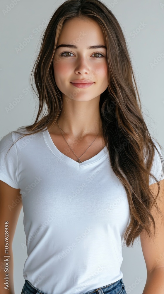 Young woman with long hair wearing a white t shirt poses for a casual portrait indoors Young woman with long hair wearing a white t shirt poses for a casual portrait indoors