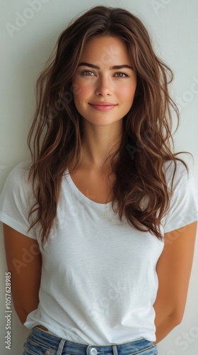 Young woman with long hair wearing a white t shirt poses for a casual portrai...