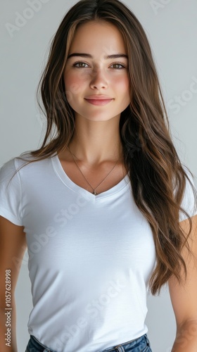 Young woman with long hair wearing a white t shirt poses for a casual portrai...
