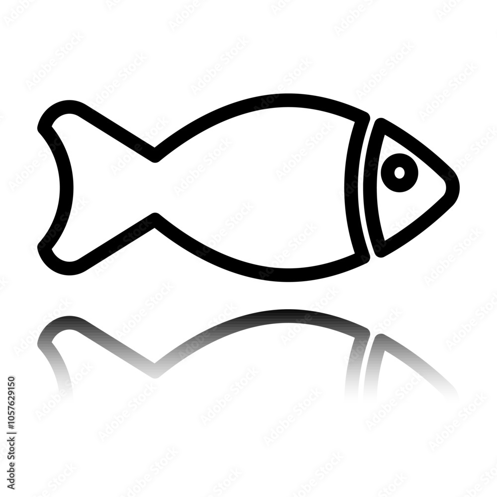 Fish simple icon. Flat design. Black icon with mirror reflection. White background Fish simple icon. Flat design. Black icon with mirror reflection. White background