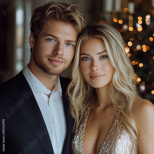 A couple poses together in elegant attire near a beautifully decorated Christ...