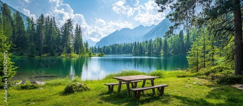 Inviting Picnic Table By The Lake Serene Landscape With Pine Trees Wooden Table Amidst Nature photo