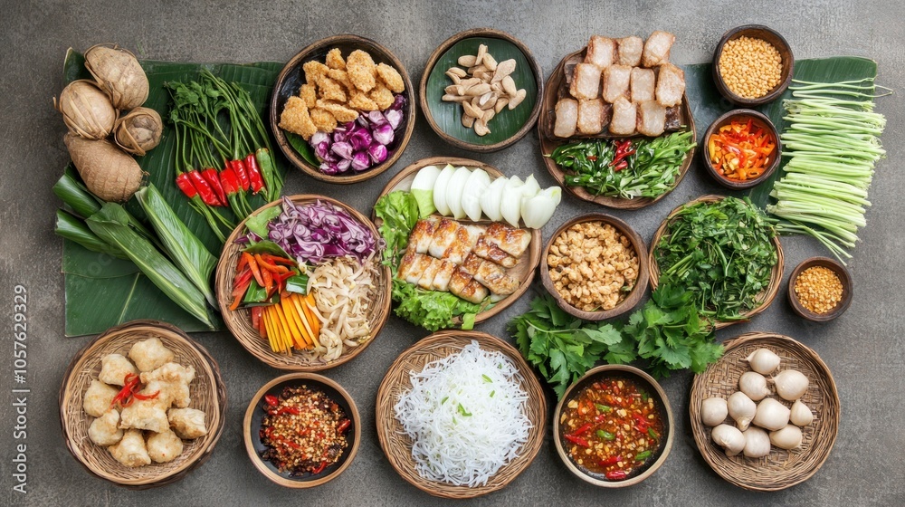 Flat lay of various traditional ingredients and spices in bowls