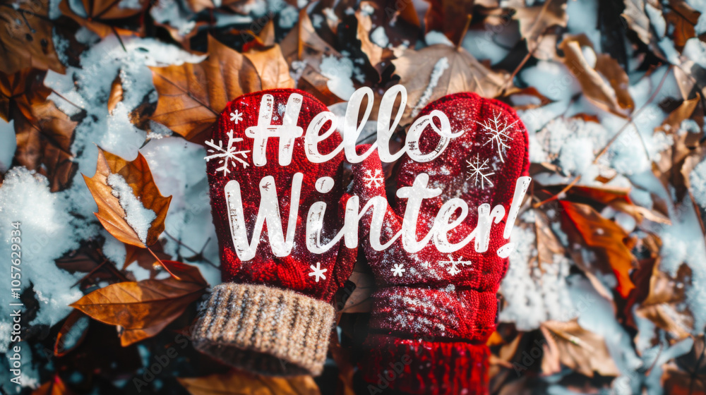 Naklejka premium Red mittens on snowy ground with autumn leaves and Hello Winter text