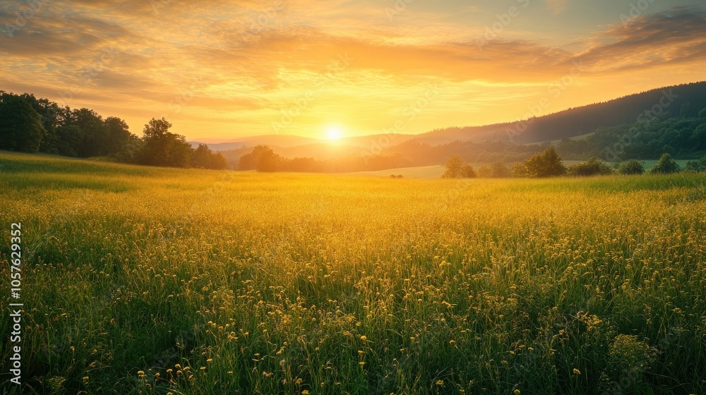 Sunrise Casting Golden Light Across a Natural Landscape in a Verdant Field Sunrise Casting Golden Light Across a Natural Landscape in a Verdant Field