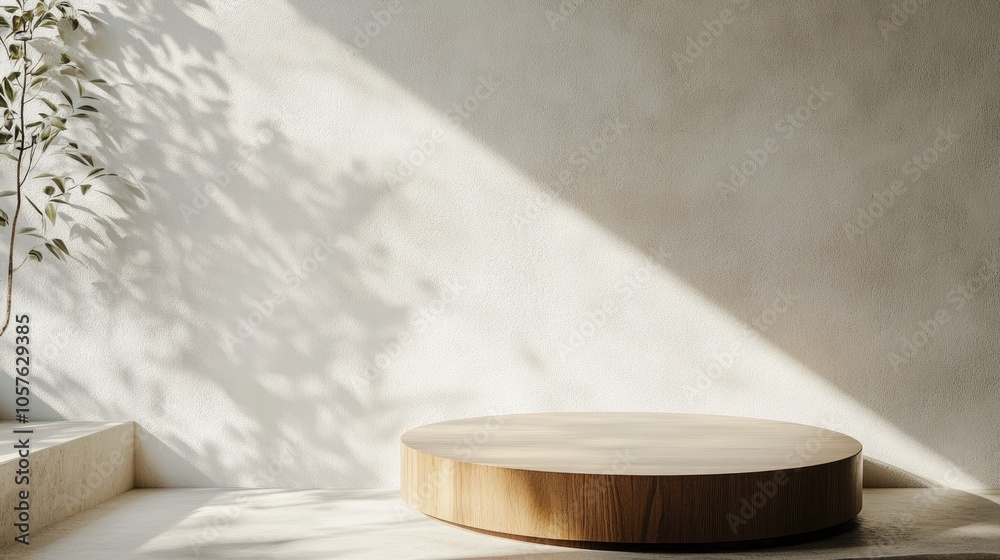 Cozy room corner mockup featuring soft sunlight a wooden circular table and a white concrete wall for product display or branding purposes Cozy room corner mockup featuring soft sunlight a wooden circular table and a white concrete wall for product display or branding purposes