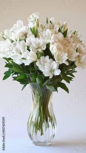 Elegant bouquet of white flowers displayed in clear vase on plain background ...