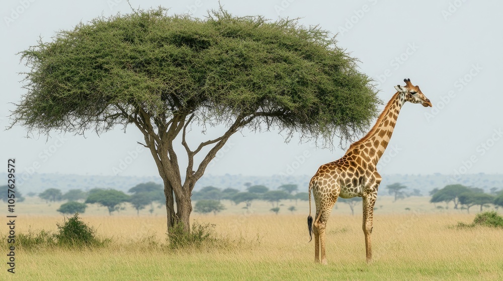Fototapeta premium Giraffe beneath an acacia tree in a natural setting