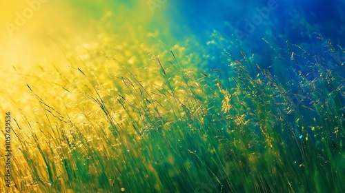 Wild grass blades are swaying gently in a summer breeze under golden sunlight and a deep blue sky, creating a vibrant and serene natural scene