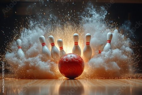 A striking bowling experience with a red ball igniting sparks in a vibrant al...