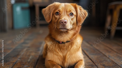 A loyal brown dog looking thoughtfully to the side in a rustic wooden setting