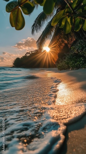 A tranquil sunset over a serene beach with gentle waves and palm trees on a t...