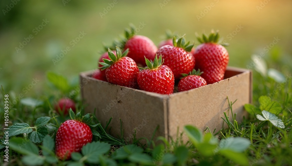  Fresh strawberries in a wooden crate on green grass