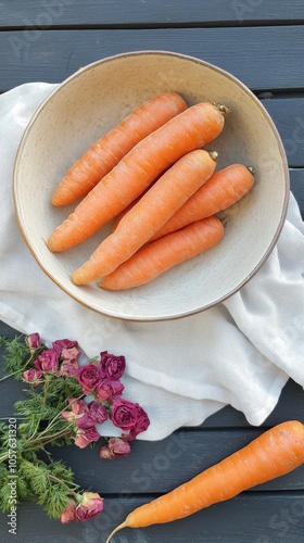 Freshly sliced orange carrots arranged in a bowl on a wooden table with dried...