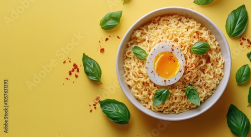 A bowl of ramen with soft boiled egg and fresh basil on a vibrant yellow back...
