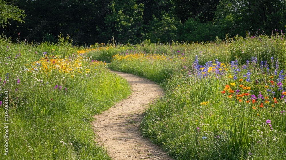 Obraz premium Winding dirt trail vanishing into a vibrant summer meadow adorned with a variety of colorful wildflowers
