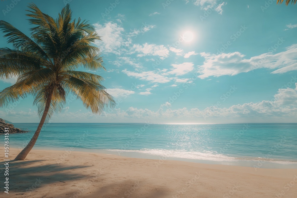 A serene beach view with palm trees and turquoise waters on a sunny day in the Caribbean A serene beach view with palm trees and turquoise waters on a sunny day in the Caribbean
