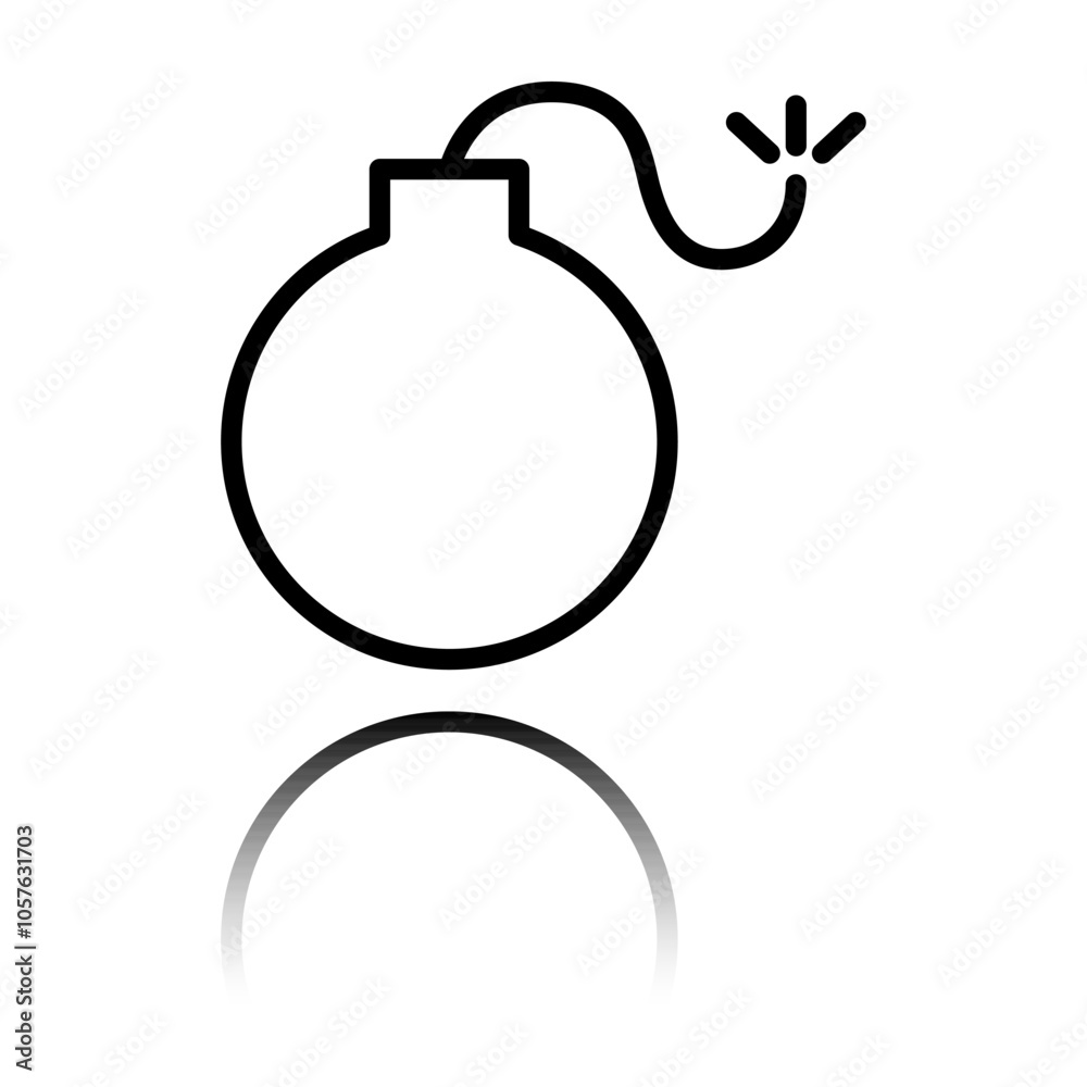Bomb simple icon. Flat design. Black icon with mirror reflection. White background Bomb simple icon. Flat design. Black icon with mirror reflection. White background
