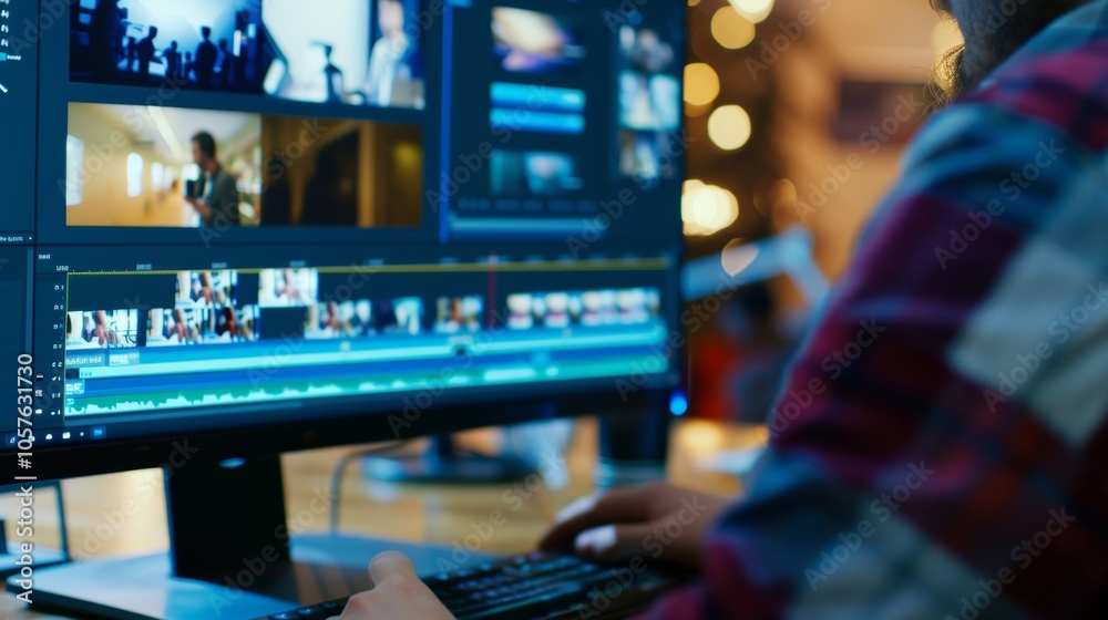 Film editor immersed in video project, using editing software in dimly lit room. Creative professional focused, showcasing skill in film editing Film editor immersed in video project, using editing software in dimly lit room. Creative professional focused, showcasing skill in film editing