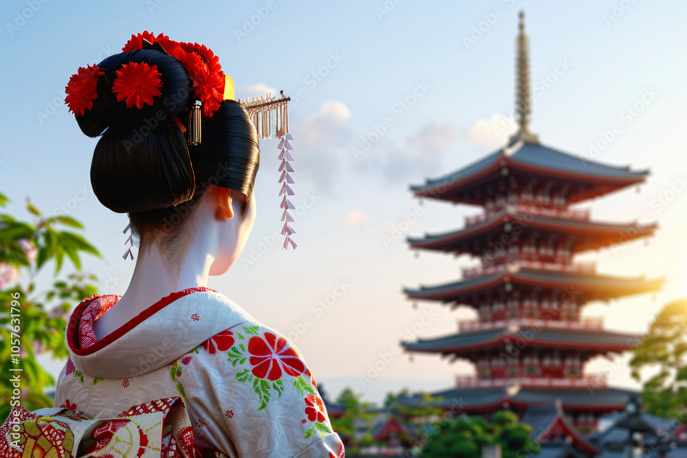 Fototapeta premium maiko in full traditional attire against ancient temple background