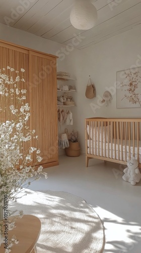 Bright and airy nursery with wooden furniture and soft floral accents during ...
