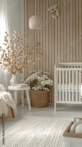 Bright and airy nursery with wooden furniture and soft floral accents during ...