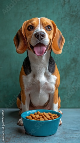 A cheerful beagle sits with a blue bowl of dry dog food on a light wooden flo...