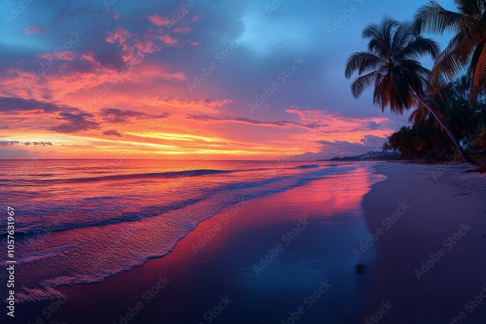 Palm trees silhouetted against a vibrant sunset over the ocean in Florida Palm trees silhouetted against a vibrant sunset over the ocean in Florida