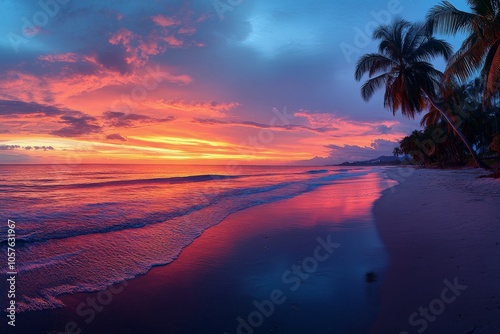 Palm trees silhouetted against a vibrant sunset over the ocean in Florida