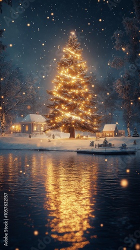 A beautifully lit Christmas tree glowing beside a snowy lake during a winter ...