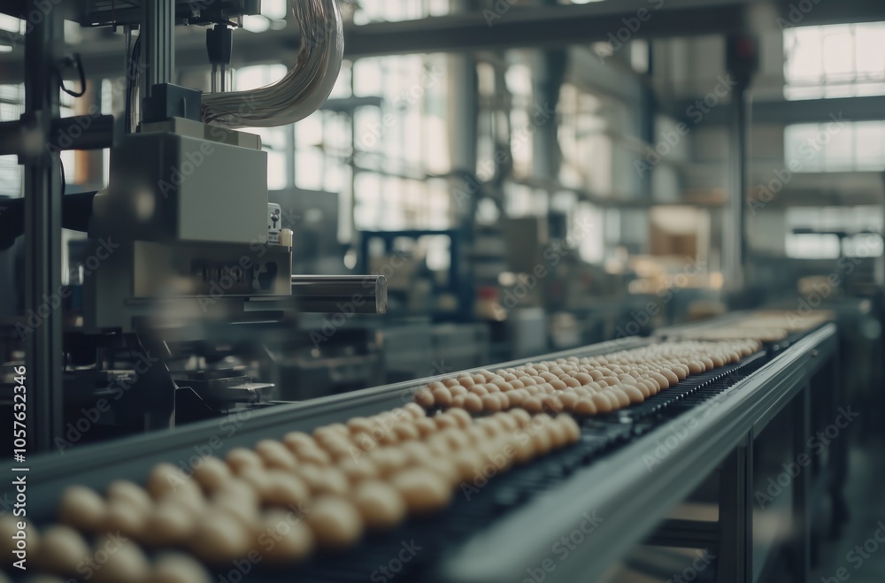 Freshly baked cookies are moving along a conveyor belt in a modern food processing plant, representing the efficiency and automation of industrial food production Freshly baked cookies are moving along a conveyor belt in a modern food processing plant, representing the efficiency and automation of industrial food production