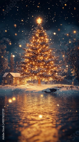 A beautifully lit Christmas tree glowing beside a snowy lake during a winter ...
