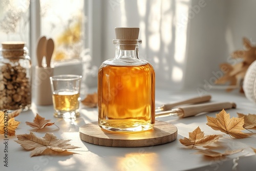Elegant glass bottle of natural essence placed on a wooden coaster surrounded...