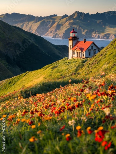 A serene lighthouse nestled among vibrant wildflowers overlooking the coastline at sunset in a picturesque landscape