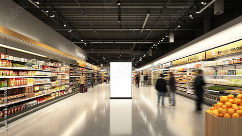 Blank Billboard in Modern Grocery Store Interior with Shoppers photo