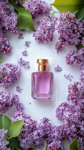 A glass perfume bottle surrounded by fresh, vibrant lilac flowers on a white surface in springtime