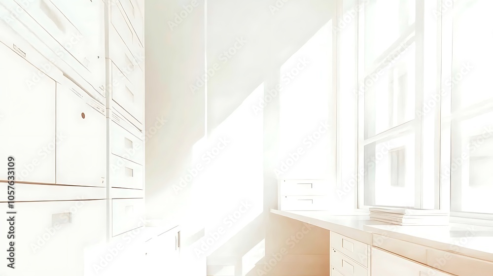 Modern Minimalistic Concrete Coworking Office room with Blank Walls, High Ceilings,and Mockup Frame Modern Minimalistic Concrete Coworking Office room with Blank Walls, High Ceilings,and Mockup Frame