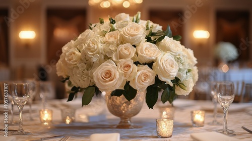 Elegant white rose bouquet centerpiece on a beautifully set dining table at a...