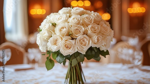 Elegant white rose bouquet centerpiece on a beautifully set dining table at a...