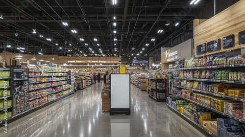 Modern Grocery Store Interior with Aisle Shelves and Blank Sign