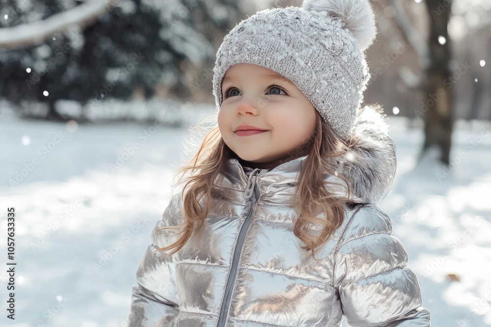 Young Girl in a Silver Jacket and Knit Hat Smiles While Standing in the Snow